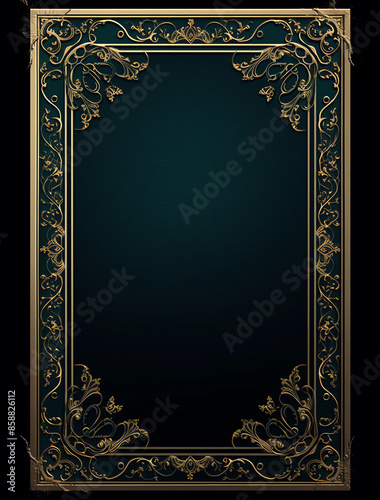3d book cover frame, vintage victorian style with golden decoration on dark green background