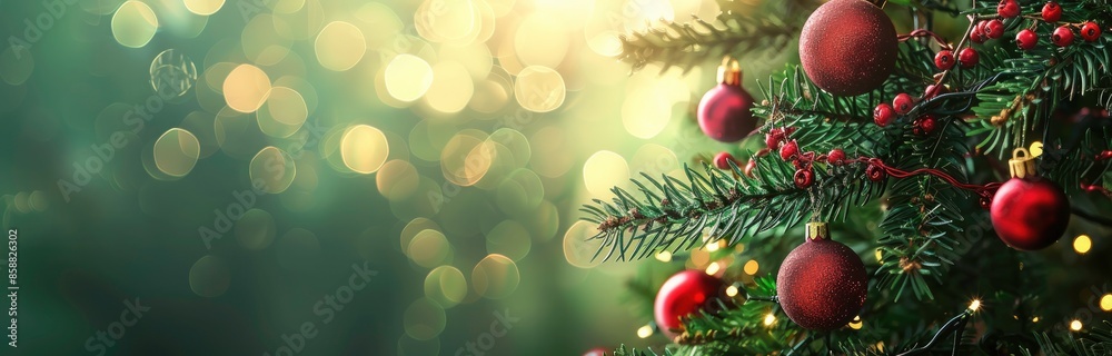 Obraz premium C Christmas banner with christmas tree with red ornaments and blurred green background with lights, banner design. Christmas decoration concept 