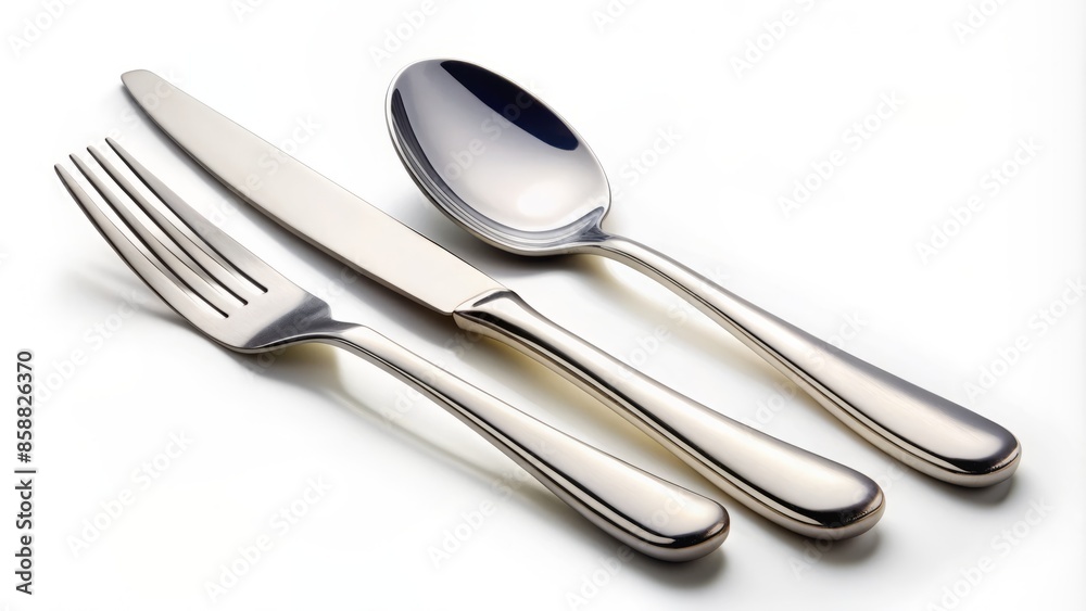 A precisely arranged isolated cutlery set featuring a stainless steel fork, knife, and spoon against a crisp white background, evoking cleanliness and refinement.,hd, 8k. A precisely arranged isolated cutlery set featuring a stainless steel fork, knife, and spoon against a crisp white background, evoking cleanliness and refinement.,hd, 8k.
