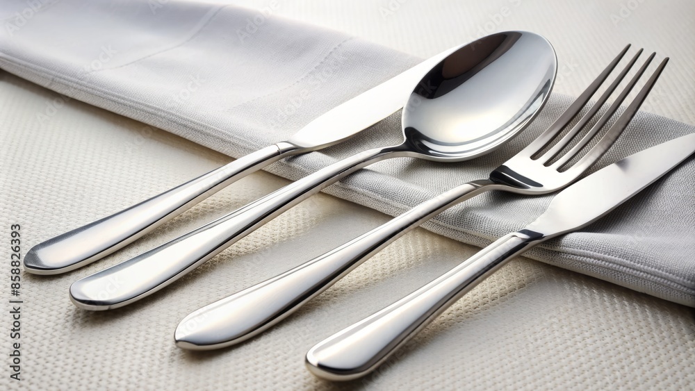 A stainless steel knife, fork, and spoon set lies carefully arranged on a crisp white linen tablecloth, awaiting a fine dining experience.,hd, 8k. A stainless steel knife, fork, and spoon set lies carefully arranged on a crisp white linen tablecloth, awaiting a fine dining experience.,hd, 8k.