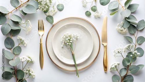 Elegant table setting featuring circular plate, cutlery, and ornate knife, surrounded by delicate gypsophila flowers, eucalyptus leaves, and subtle gold accents on a pristine white background.,hd, 8k.