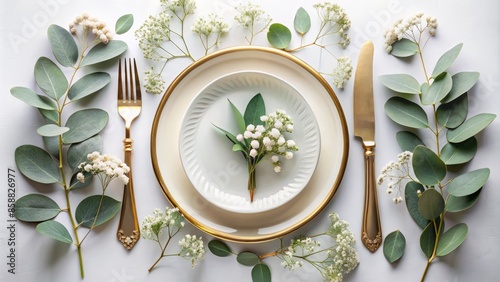 Elegant table setting featuring circular plate, cutlery, and ornate knife, surrounded by delicate gypsophila flowers, eucalyptus leaves, and subtle gold accents on a pristine white background.,hd, 8k.
