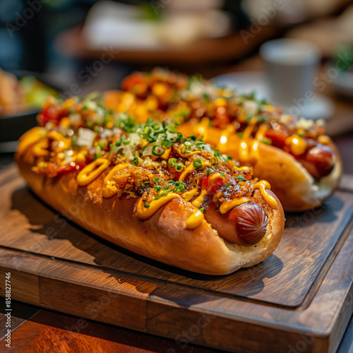 Gourmet hot dogs with unique toppings served on a rustic wooden board