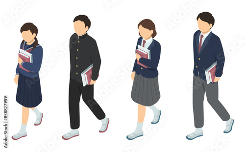 アイソメトリックイラスト：教科書ノートを持って歩く学生