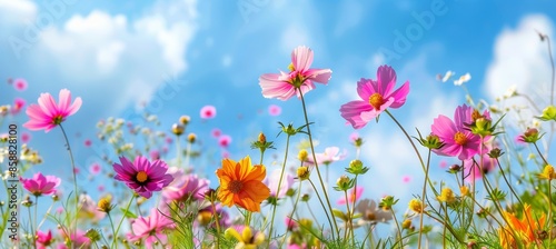 Colorful garden of wild flowers: Nature palette blurred background of sky and flowers © Kamil