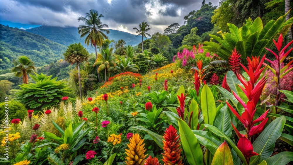 Fototapeta premium Vibrant hillside in costa rica bursts with an array of colorful plants and flowers, including heliconia, bromeliads, and orchids, set against a lush green backdrop.,hd, 8k.
