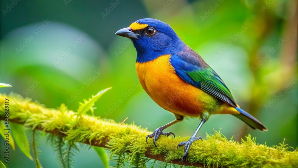 Vibrant olive-backed euphonia bird perches on a lush green branch amidst exotic foliage, showcasing costa rica's rich tropical biodiversity in serene harmony.,hd, 8k. Vibrant olive-backed euphonia bird perches on a lush green branch amidst exotic foliage, showcasing costa rica's rich tropical biodiversity in serene harmony.,hd, 8k.