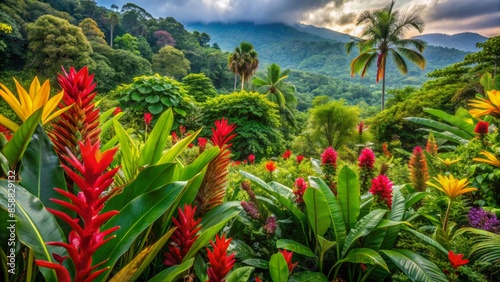 Vibrant hillside in costa rica bursts with an array of colorful plants and flowers, including heliconia, bromeliads, and orchids, set against a lush green backdrop.,hd, 8k. © DigitalArt Max