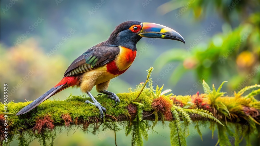 Vibrant collared aracari perches on a moss-covered branch amidst lush tropical foliage near arenal observatory in costa rica's misty rainforest landscape.,hd, 8k.