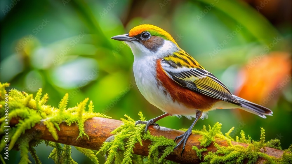 Fototapeta premium Vibrant chestnut-sided warbler perches on a moss-covered branch amidst lush tropical foliage at arenal observatory in costa rica's serene rainforest surroundings.,hd, 8k.