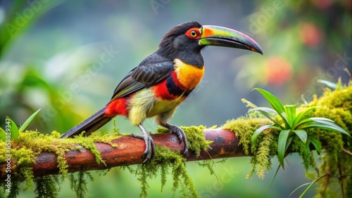 Vibrant collared aracari perches on a moss-covered branch amidst lush tropical foliage near arenal observatory in costa rica's misty rainforest landscape.,hd, 8k. photo