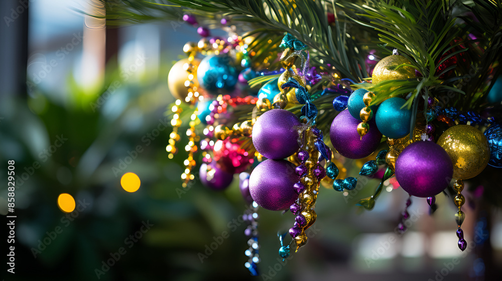 Colorful Purple Gold and Turquoise Ornaments on Green Foliage Colorful Purple Gold and Turquoise Ornaments on Green Foliage