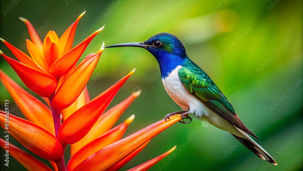 Vibrant female white-necked jacobin hummingbird sips nectar from a bright orange heliconia flower amidst a lush green tropical background in costa rica's rainforest.,hd, 8k. Vibrant female white-necked jacobin hummingbird sips nectar from a bright orange heliconia flower amidst a lush green tropical background in costa rica's rainforest.,hd, 8k.