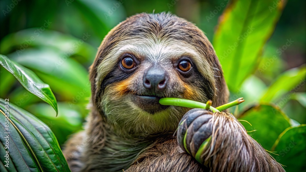 In the lush rainforest of costa rica, a serene three-toed sloth is captured in a close-up shot, quietly savoring a succulent leafy snack.,hd, 8k. In the lush rainforest of costa rica, a serene three-toed sloth is captured in a close-up shot, quietly savoring a succulent leafy snack.,hd, 8k.