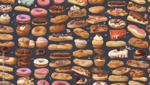 A picture showing rows of desserts like donuts, cupcakes, pastries, pies, cake, plus sandwiches, hot dogs, and burgers. At least 13 different types of food are displayed. photo