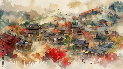 samurai village flat design, top view, historical Japan theme, watercolor, splitcomplementary color scheme