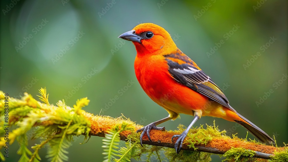 Vibrant male flame-colored tanager bird with radiant orange plumage and distinctive black head, perched on a lush green branch in costa rica's cordillera de talamanca.,hd, 8k. Vibrant male flame-colored tanager bird with radiant orange plumage and distinctive black head, perched on a lush green branch in costa rica's cordillera de talamanca.,hd, 8k.