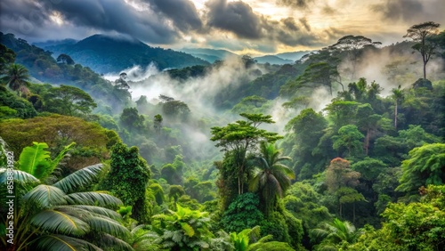 Misty fog envelops the lush tropical jungle of cordillera de talamanca in costa rica, with vibrant green foliage and mist-shrouded trees towering above the landscape.,hd, 8k.