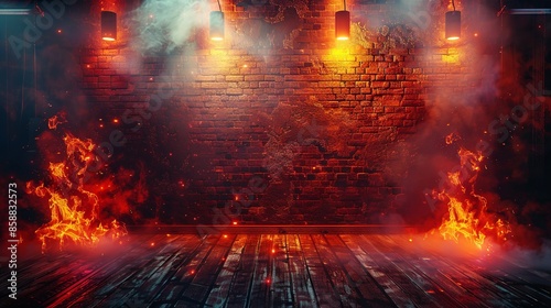 Dark basement room with empty old brick wall, sparks of fire and light on wooden floor, smoke and bright neon lamp highlights in nighttime setting