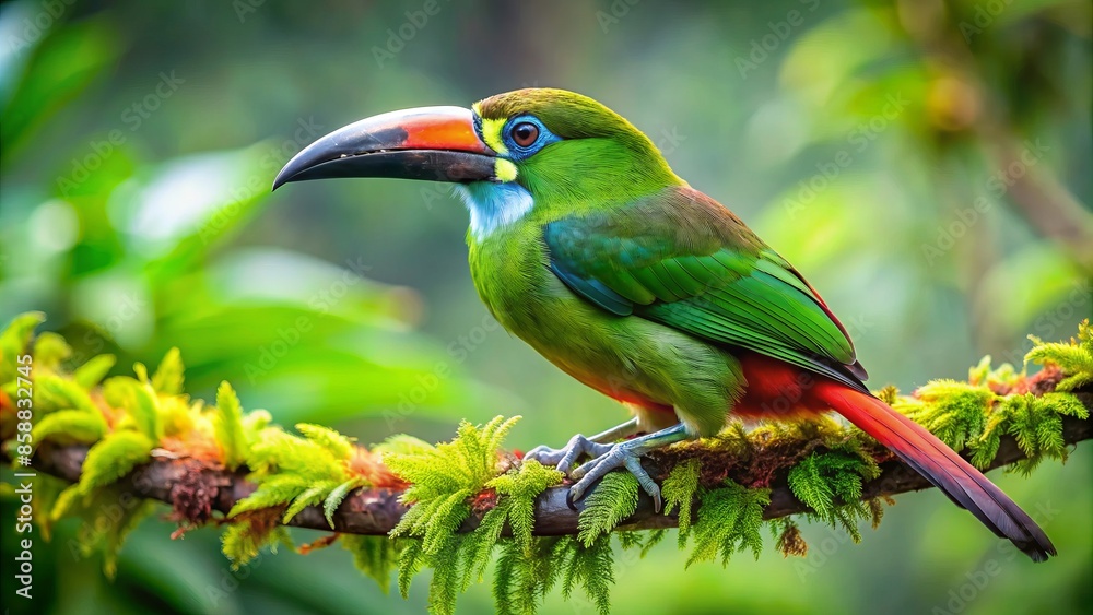 Vibrant emerald toucanet bird perched on a lush green branch, showcasing its radiant plumage, in the dense rainforest of costa rica's cordillera de talamanca mountain range.,hd, 8k. Vibrant emerald toucanet bird perched on a lush green branch, showcasing its radiant plumage, in the dense rainforest of costa rica's cordillera de talamanca mountain range.,hd, 8k.