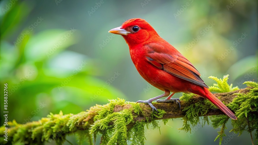 Vibrant summer tanager male with striking red plumage perches on a lush green branch amidst the misty cloud forest of cordillera de talamanca, costa rica.,hd, 8k. Vibrant summer tanager male with striking red plumage perches on a lush green branch amidst the misty cloud forest of cordillera de talamanca, costa rica.,hd, 8k.