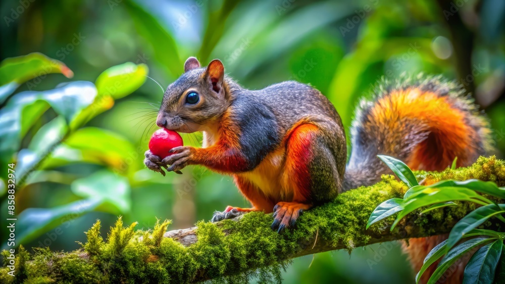 Vibrant variegated squirrel perched on rainforest branch, munching on juicy red fruit, surrounded by lush green foliage in costa rica's parque nacional carara.,hd, 8k. Vibrant variegated squirrel perched on rainforest branch, munching on juicy red fruit, surrounded by lush green foliage in costa rica's parque nacional carara.,hd, 8k.