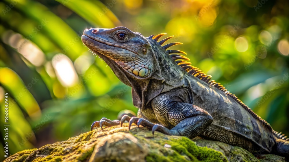 Fototapeta premium Majestic black iguana basks in warm sunlight on a rocky outcropping amidst lush greenery in costa rica's parque nacional carara tropical rainforest habitat.,hd, 8k.