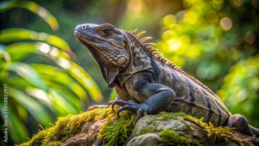 Majestic black iguana basks in warm sunlight on a rocky outcropping amidst lush greenery in costa rica's parque nacional carara tropical rainforest habitat.,hd, 8k. Majestic black iguana basks in warm sunlight on a rocky outcropping amidst lush greenery in costa rica's parque nacional carara tropical rainforest habitat.,hd, 8k.