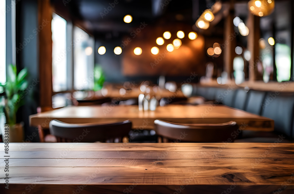 photo wooden table and blurred background of indoor restaurant High quality photo


