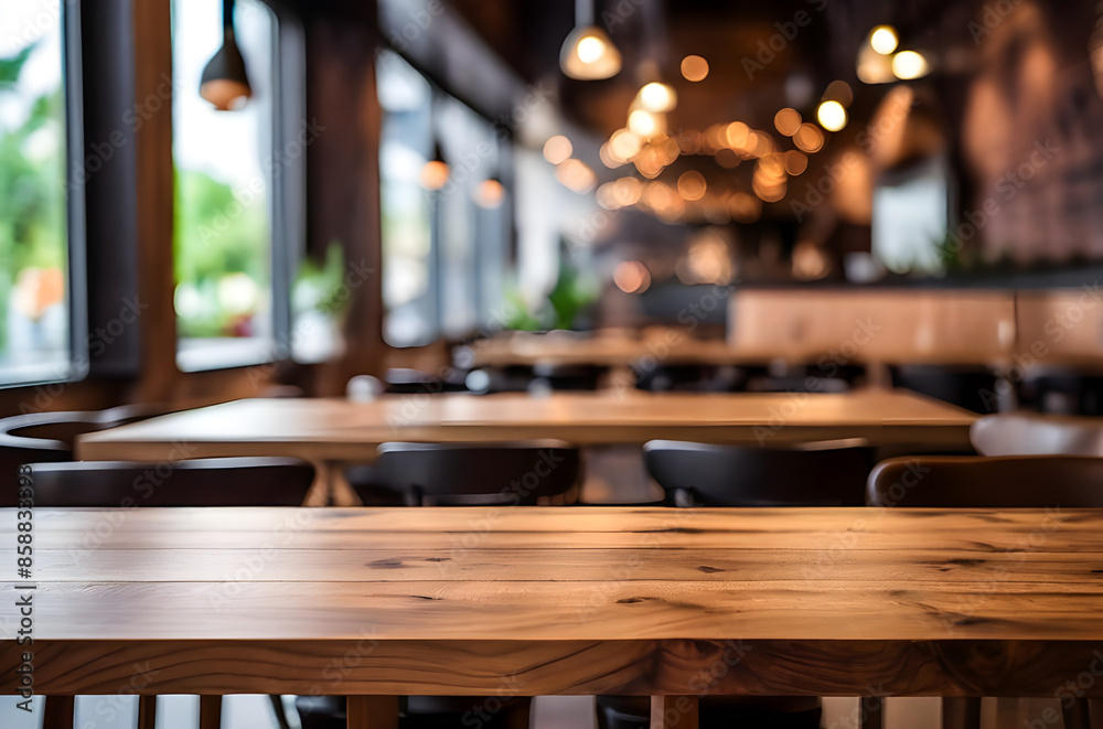 photo wooden table and blurred background of indoor restaurant High quality photo


