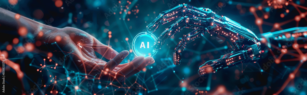 human hand and robotic hand reaching, with a glowing AI icon by futuristic digital hologram. human hand and robotic hand reaching, with a glowing AI icon by futuristic digital hologram.
