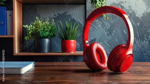 Big red headphones on table trendy accessory for DJs and music fans also useful for homeschooling Ample space for text in photo photo