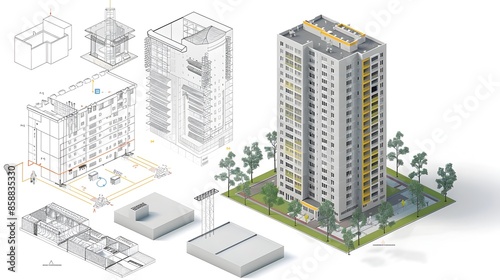 Futuristic Urban Residential High-Rise Complex Architectural Blueprint and Cityscape