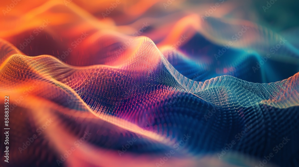 Fototapeta premium Abstract 3D rendering of colorful waves, blending vibrant hues and textures, creating a mesmerizing visual of dynamic movement.