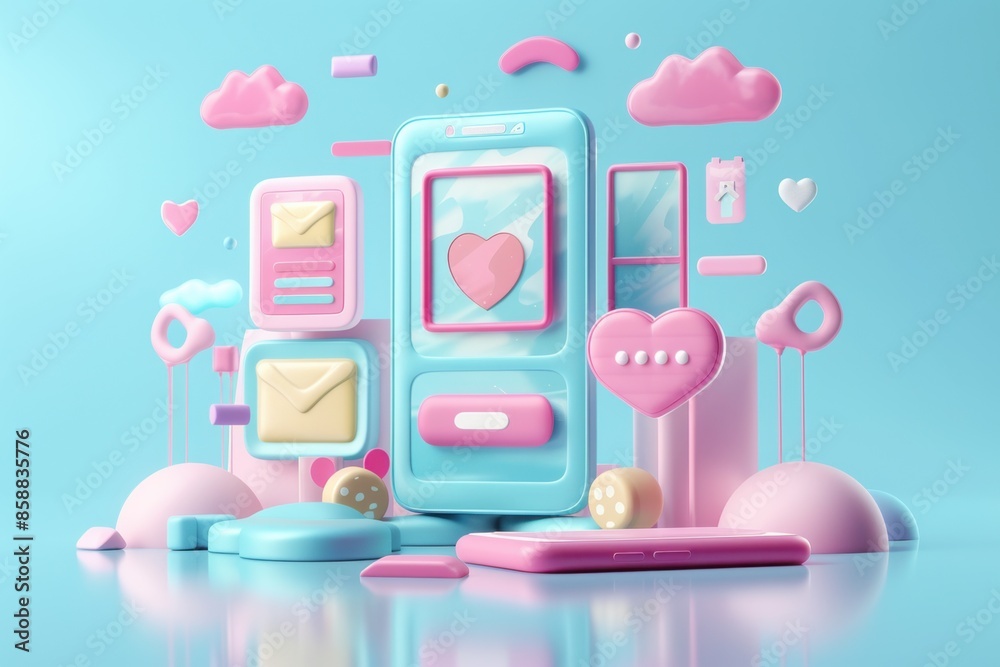 Minimalist 3D render of pastel mobile app marketing, modern and sleek design. Minimalist 3D render of pastel mobile app marketing, modern and sleek design.