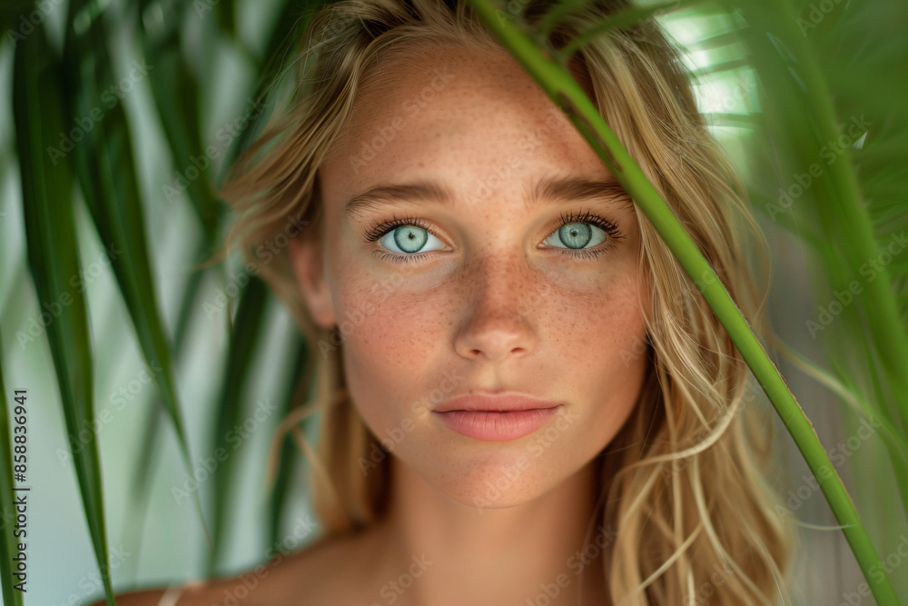 Fototapeta premium a woman with blue eyes and freckles is looking at the camera