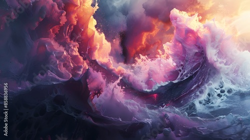 Abstract artwork depicts a fiery heart within swirling blue clouds