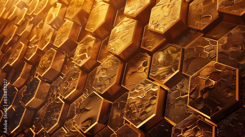 Abstract golden hexagonal pattern on a three-dimensional surface, illuminated with warm light, creating a textured and futuristic look. Abstract golden hexagonal pattern on a three-dimensional surface, illuminated with warm light, creating a textured and futuristic look.
