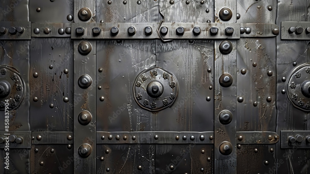 Fototapeta premium Closeup of an ancient metal door with intricate rivets, bolts, and ornate design. Perfect for historical or architectural themes.