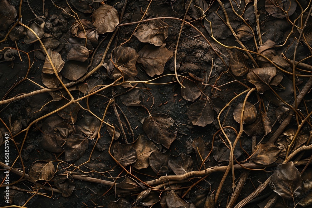 Close-up of dried leaves and twigs on the ground, creating a dark and textured natural background. Close-up of dried leaves and twigs on the ground, creating a dark and textured natural background.