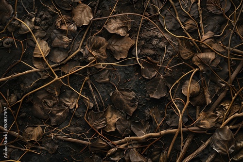 Close-up of dried leaves and twigs on the ground, creating a dark and textured natural background.