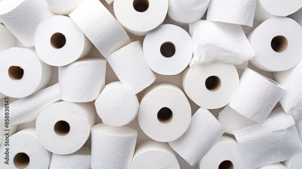 A minimalist photo of toilet paper rolls on a white background, top view. A minimalist photo of toilet paper rolls on a white background, top view.