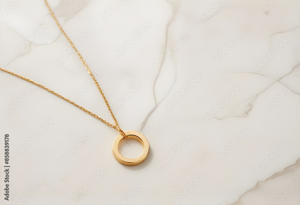 Fototapeta premium A gold necklace with a small circular pendant on a white stone background