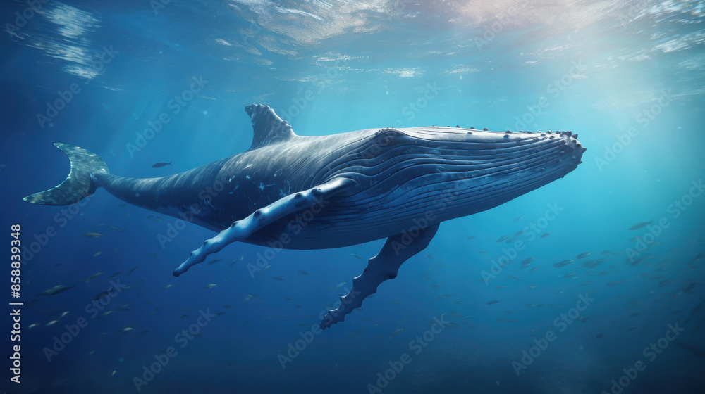 Naklejka premium Blue Whale swimming gracefully in ocean.