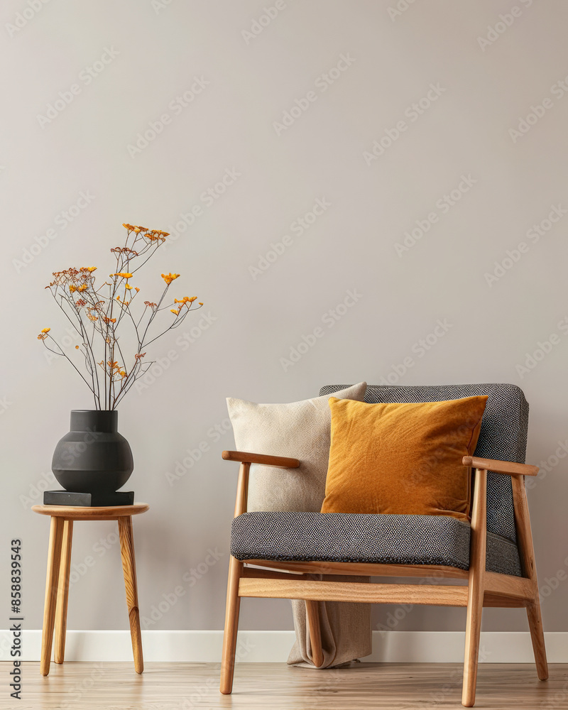 Fototapeta premium Minimalist room interiors with minimal furniture, natural window lighting and copy space in a luxury property. Residential luxurious Real Estate composition.