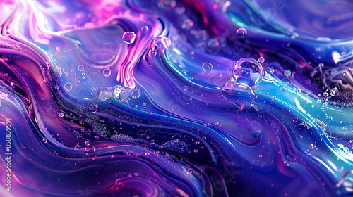 Vibrant abstract liquid swirl artwork in pink, purple, and blue tones with shimmering details and fluid textures.