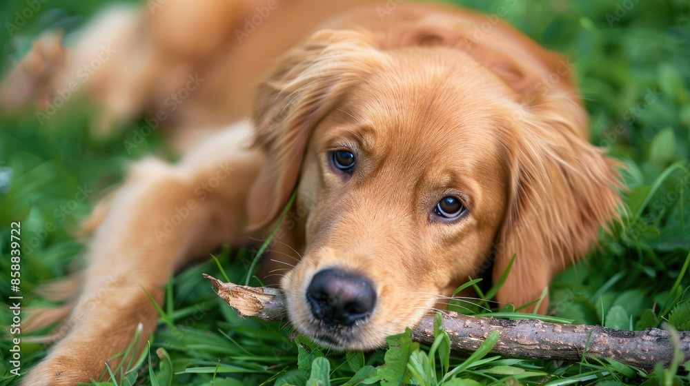 Close up photo of a purebred golden retriever playing with a stick on green grass lawn with room for text Close up photo of a purebred golden retriever playing with a stick on green grass lawn with room for text