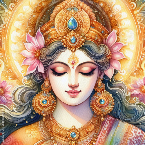 Watercolor Close-Up Painting of Goddess Lakshmi's Radiant Aura © Premium Art