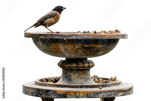 A small bird perched on an antique birdbath filled with seeds, isolated on a white background. A rustic wildlife scene.
