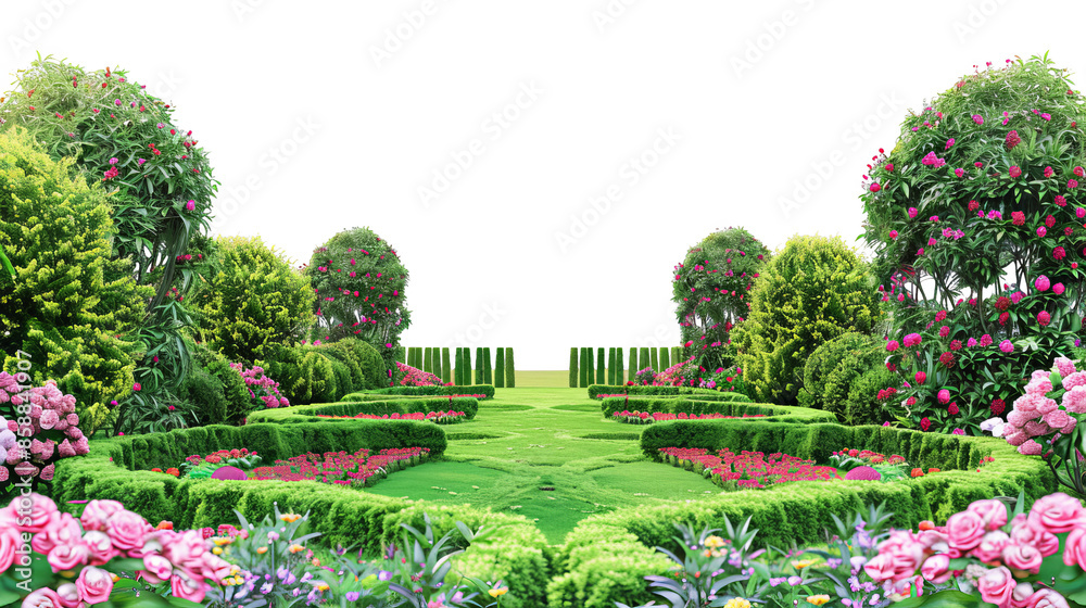 Beautiful landscaped garden with lush greenery, colorful flowers, and neatly trimmed hedges for a serene outdoor scene. Beautiful landscaped garden with lush greenery, colorful flowers, and neatly trimmed hedges for a serene outdoor scene.